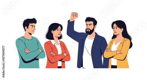 Group of business people with angry and serious expressions engaged in a heated debate or conflict in a workplace environment.