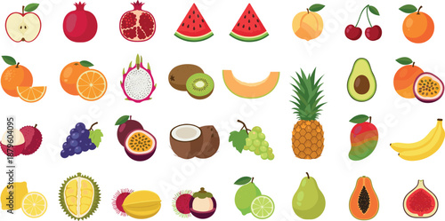 Large set of fresh fruit vector icons featuring tropical pineapple mango dragonfruit durian citrus berries and seasonal orchard fruits.