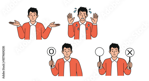 Character illustration depicting different emotional responses including confusion, anxiety, and decision making with yes and no signs.