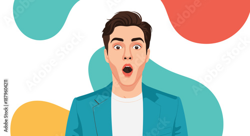 Surprised young man with an open mouth and wide eyes expressing shock or amazement against a vibrant background.