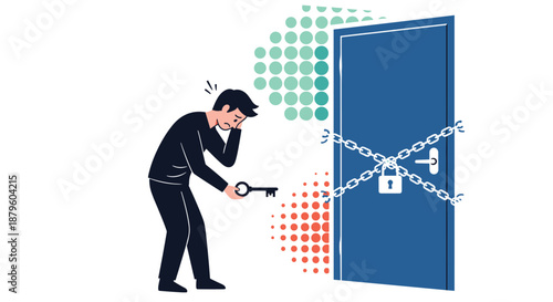 Distressed man holding a key while facing a heavily chained and padlocked door symbolizing obstacles and lack of access.