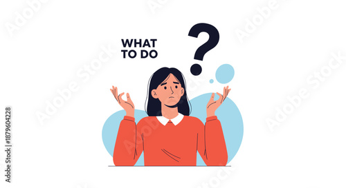 Confused woman looking upward with a question mark expressing uncertainty and seeking guidance in a difficult situation.