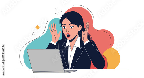 Businesswoman reacting with shock and amazement while looking at her laptop screen in a modern office setting.
