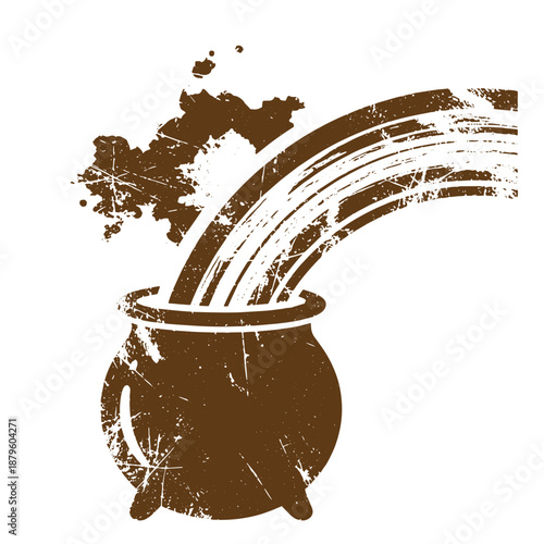Drawing Vintage grunge  texture Brown cauldron with rainbow and smoke coming out  pot of gold concept