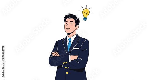 Confident businessman with arms crossed having a bright idea represented by a glowing lightbulb icon above him.