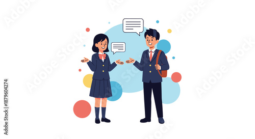 Two happy students in school uniforms engaged in a friendly conversation with speech bubbles and vibrant background elements.