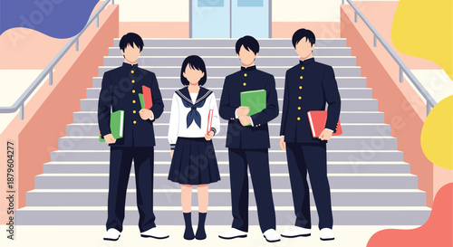 Group of four students in school uniforms standing together on the outdoor stairs of an educational building.