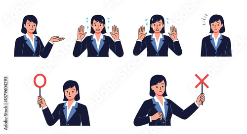 Set of female business character illustrations showcasing different emotions and reactions for communication and decision making.