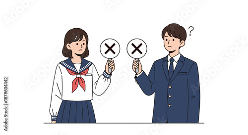 Female student and male businessman expressing disagreement and confusion while both holding up red cross signs.