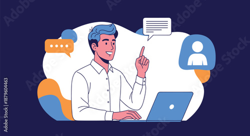 Tech-savvy man working on a laptop and pointing upwards while surrounded by communication icons and user profiles.