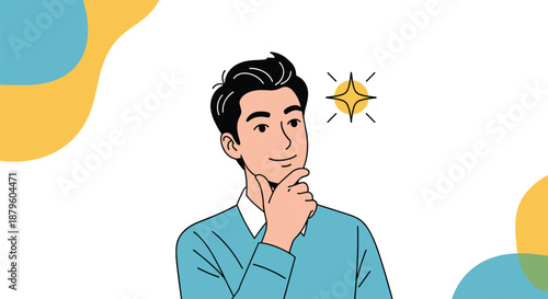 Thoughtful young man with a hand on his chin reflecting on a bright idea or inspiration symbolized by a golden star.