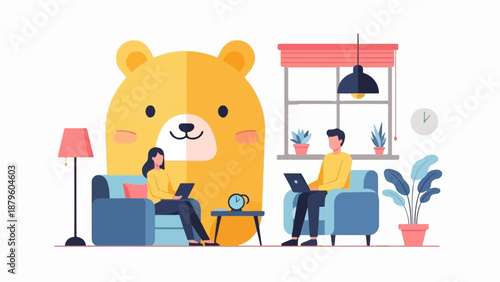 Two individuals work on laptops in a living room with a large cartoon bear
