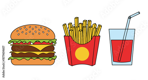 Fast food set featuring a double cheeseburger, a pack of french fries, and a soft drink in a glass with a straw.
