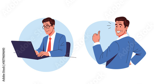 Professional businessman working on his laptop and looking back with a confident smile while giving a thumbs up sign.
