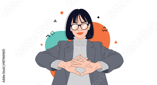 Confident young woman wearing glasses and professional business attire making a precise hand gesture against a modern background.