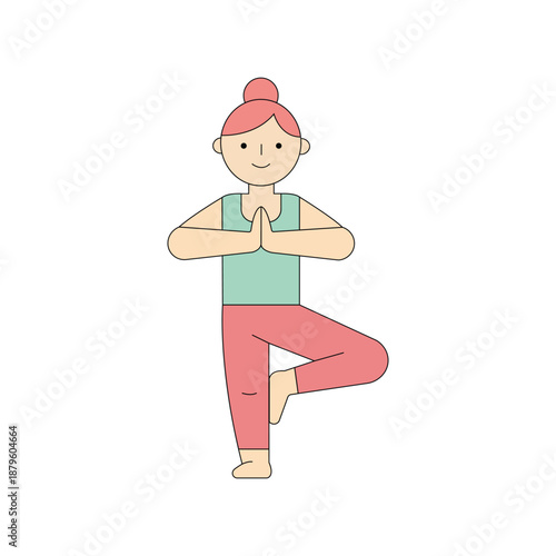 Cute Woman Practicing Yoga Tree Pose – Flat Minimal Meditation Illustration