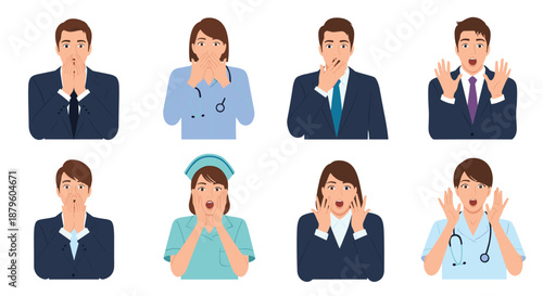 Collection of various professional characters including doctors and business people showing shocked and surprised facial expressions.