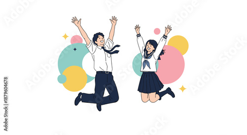 Happy male and female students in school uniforms jumping for joy to celebrate success or a special achievement.