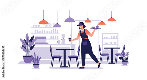 Friendly waitress in an apron carrying trays with coffee and drinks in a modern and cozy cafe interior setting.