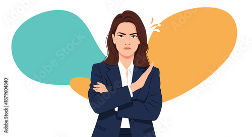 Serious businesswoman in a dark blue suit crossing her arms and making a refusal gesture against a colorful background.