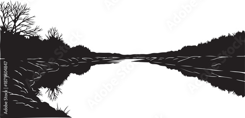 Serene black and white landscape with a calm lake