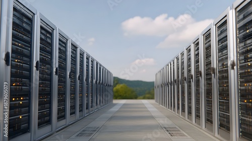 Outdoor server farm with rows of illuminated technology racks against a natural landscape and blue sky
