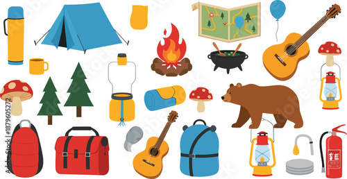 Camping and outdoor adventure icons set with tent backpack fire guitar map and wildlife elements