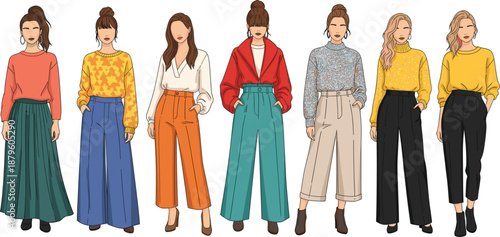 Modern women fashion illustration set showcasing trendy outfits casual styles and contemporary clothing looks