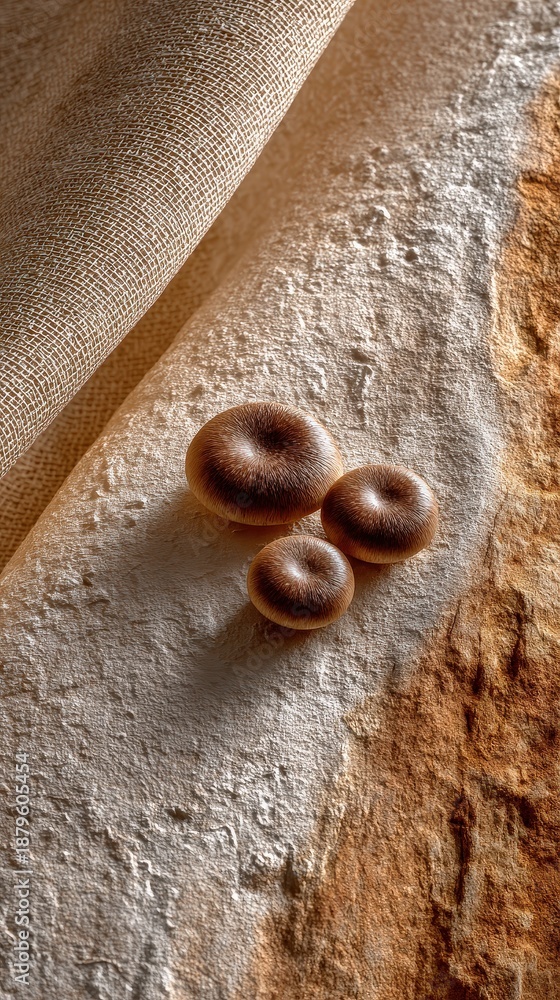 Obraz premium Artistic Still Life with Three Fibrous Brown Spheres on Stone