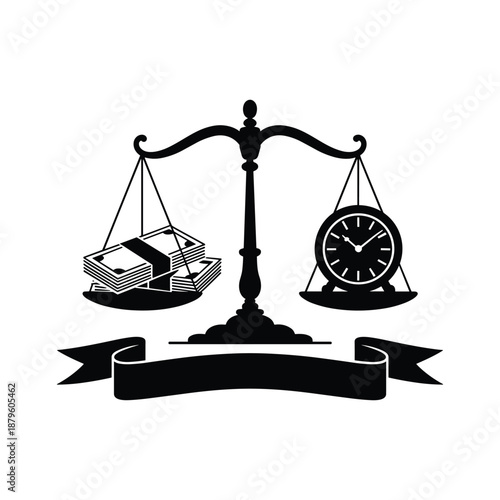 Balance scale comparing money and time with a banner for text in a simple black and white illustration Illustration