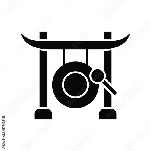 Clean vector icon of a traditional Asian gong on a stand with a mallet, embodying cultural harmony, spiritual meditation, and ancient percussive music