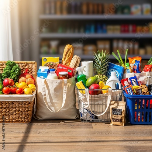 Fresh Grocery Shopping Items with Fruits Vegetables and Snacks in Store Setting