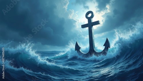 Heavy anchor cross plunging through raging stormy waves, faith steadfastness triumph, dynamic crashing foam