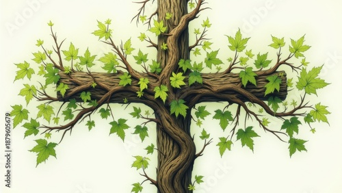 Vine and branches intertwined with cross, abiding in faith parable, lush leaves, Easter growth, botanical drawing, intricate veins, vibrant greens and woods, religious unity
