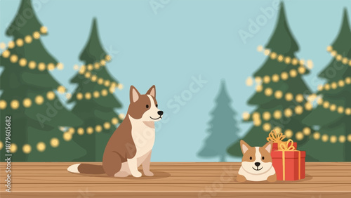 Two dogs await gifts near decorated evergreen trees on a wooden surface
