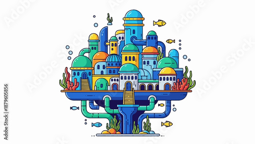 Whimsical underwater city with colorful buildings, pipes, fish, and coral