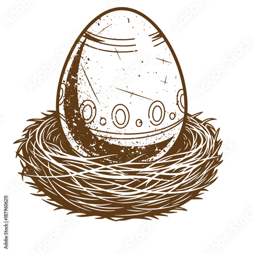 Drawing Vintage grunge  texture Brown egg in a nest illustration with scratched surface and circles on it