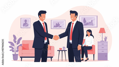 Two businessmen shake hands in a modern office setting with a female colleague observing