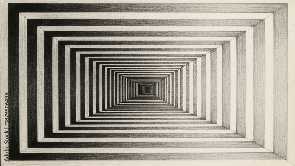 Obraz premium Endless Rectangular Tunnel Optical Illusion, Black and White Abstract Geometric Pattern