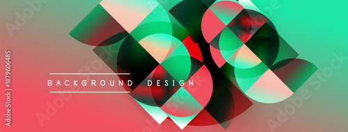 Abstract geometric shapes overlap, creating vibrant color gradients. Red, green, turquoise hues blend smoothly. Modern design element.