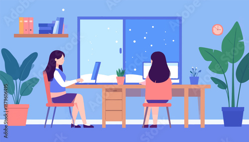 Two people work at desks with laptops, looking out at falling snow through a large window