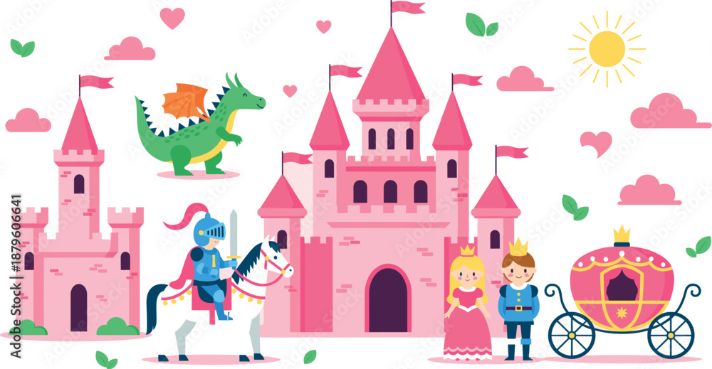 Naklejka premium Magical pink fairytale castle vector set with dragon knight on horse prince princess and royal carriage fantasy illustrations.