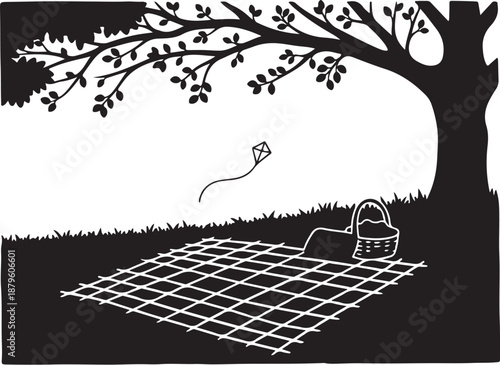 Black and white illustration of kite flying near tree