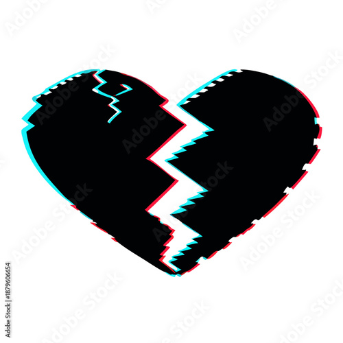 Broken heart silhouette icon with glitch effect isolated on white background minimalist symbol