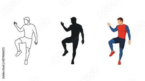 Collection of three distinct styles depicting a man performing a high knee exercise variation illustrating fitness warm up or cardio training movements