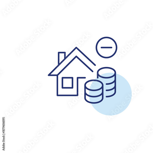 House, coins and minus symbol. Investment cancelled, property unavailable. Pixel perfect, editable stroke vector icon