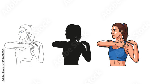 Set of three different artistic styles illustrating a fit woman performing a cross body shoulder stretch exercise for warm up or cool down routines