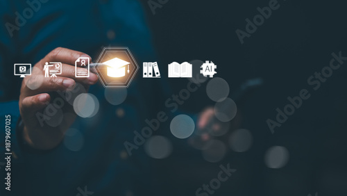 Professional person uses digital technology interface showcasing education icons like graduation cap, artificial intelligence chip, books, certificates. Online learning platform provides virtual