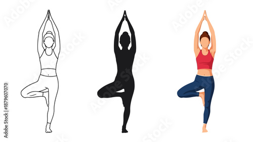 Collection of three distinct female yoga tree pose illustrations showing outline silhouette and colored flat graphic styles perfect for fitness guides