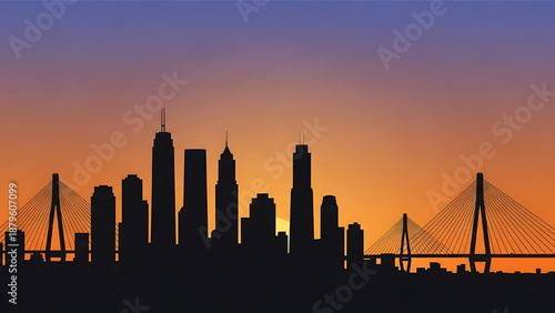 City skyline silhouette at sunset with bridge urban landscape modern cityscape twilight.Only Illustration